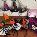 Collection of various Halloween themed headbands including Mickey ears with pumpkins, bats, and Jack Skellington designs.