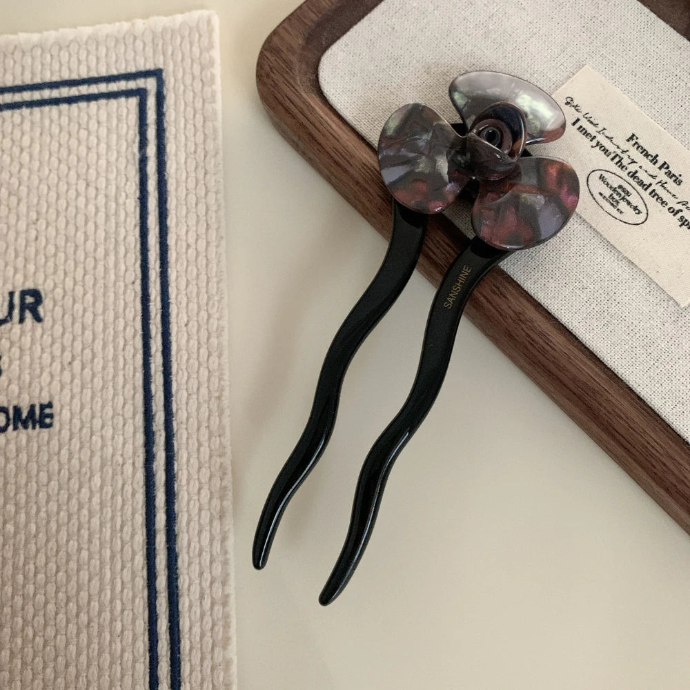 Acetate Flower French Hair Pin - 5.2" Wavy Chignon Pin