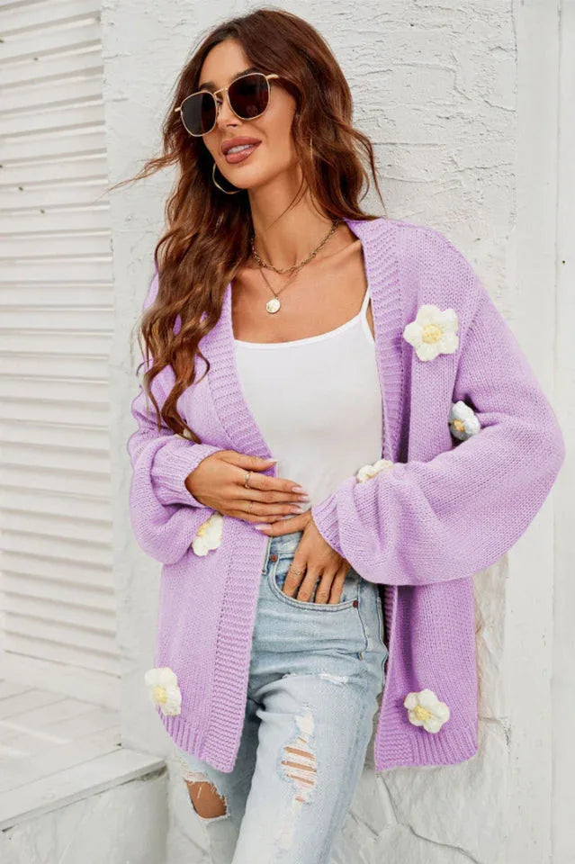 Camel 3D Floral Lantern Sleeve Cardigan - View 23 | TEVQA