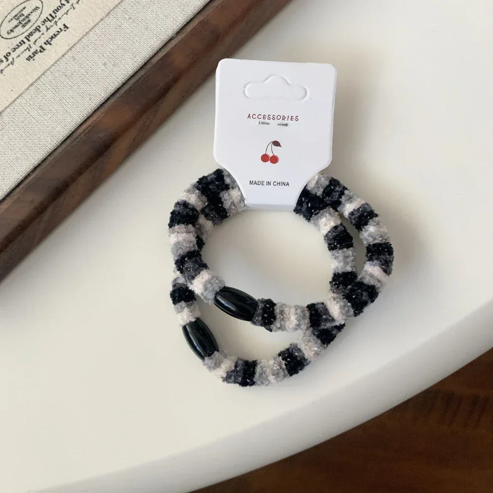 Plush knit hair tie 2-pack set in various checkered patterns - View 10 | TEVQA
