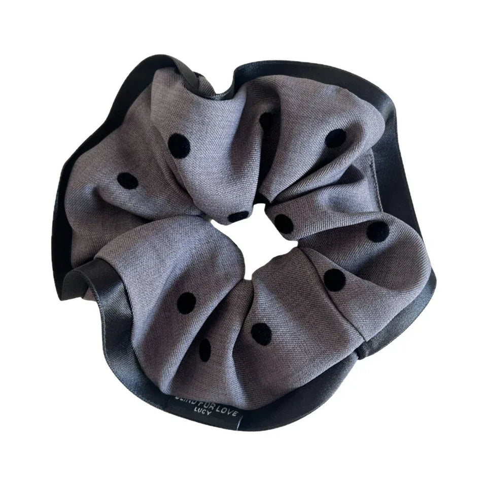 Gray polka dot scrunchie with black trim Main image