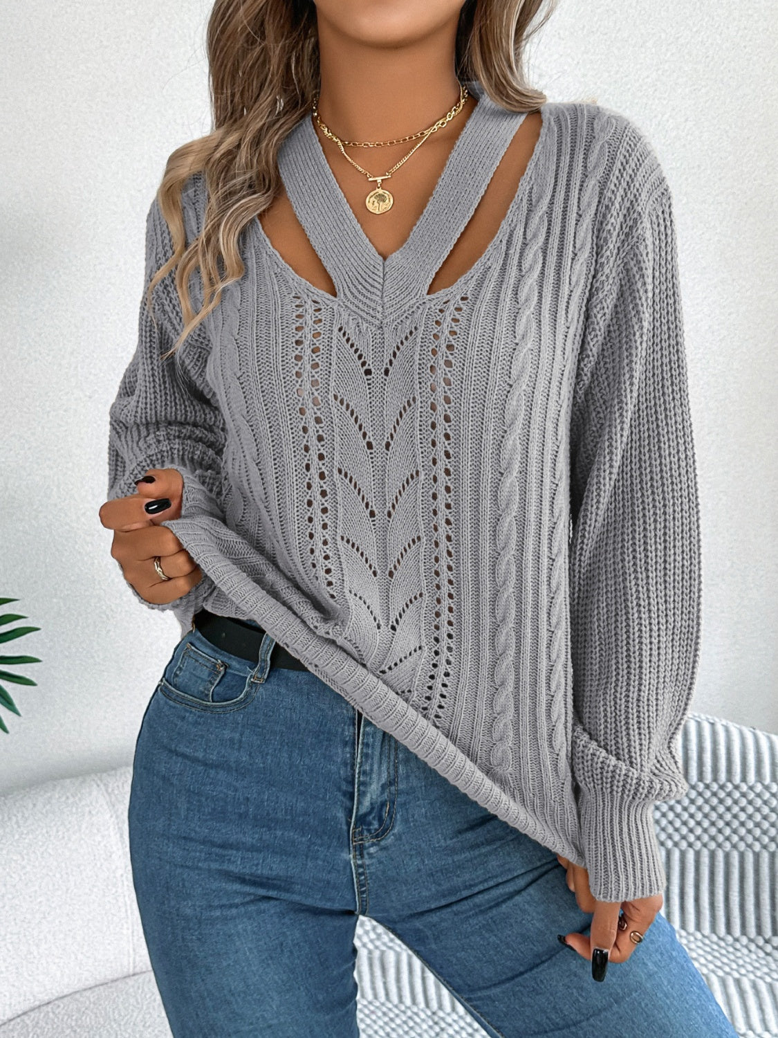 White Cutout V-Neck Cable Knit Sweater