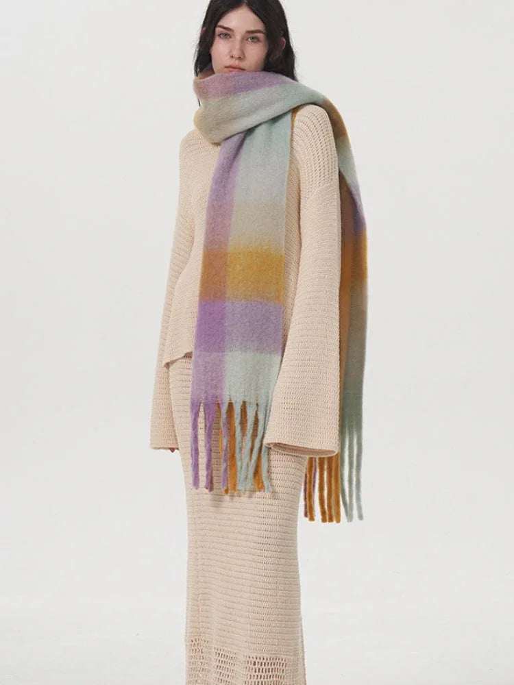 Oversized Blue & Beige Color Block Plaid Scarf - View 12 | TEVQA