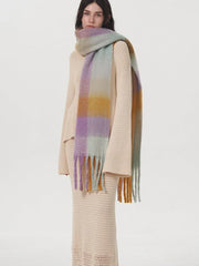 Oversized Blue & Beige Color Block Plaid Scarf - View 12 | TEVQA