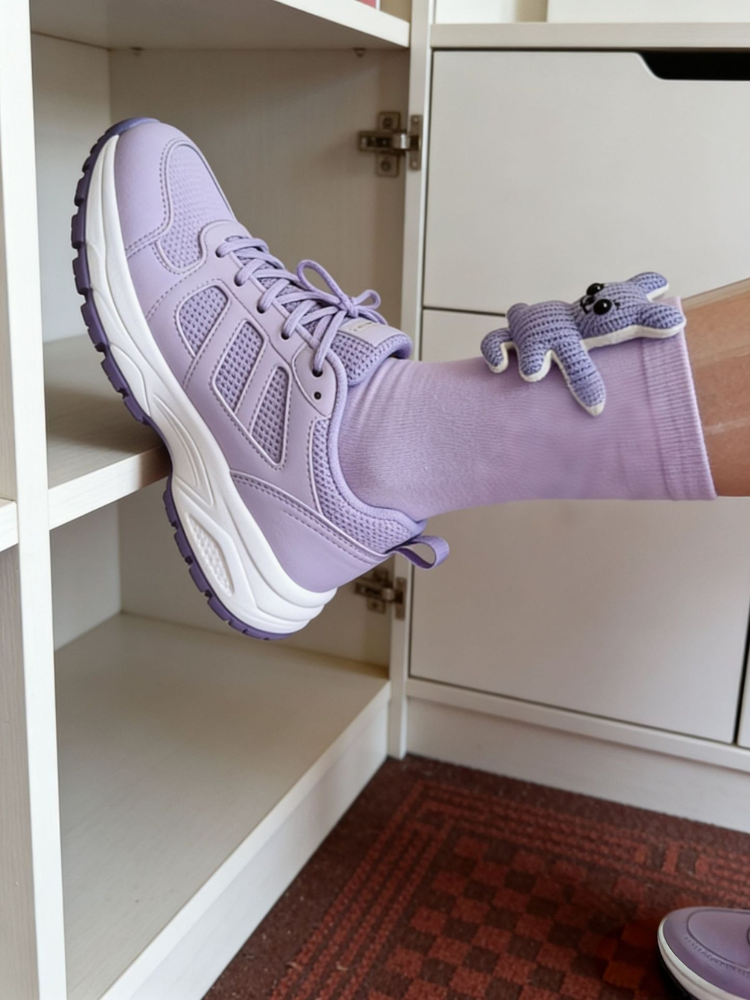 A person wearing a light purple ankle sock with a blue knitted bear embellishment, with a purple athletic shoe next to it.