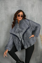 Luxe Sage Grey Faux Fox Fur Coat - TEVQA
