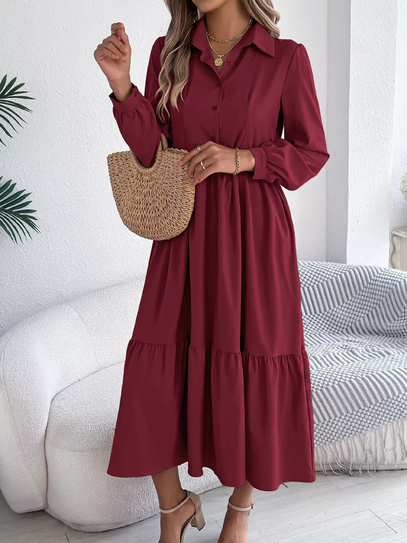 Navy Blue Ruffled Tiered Shirt Dress - View 29 | TEVQA