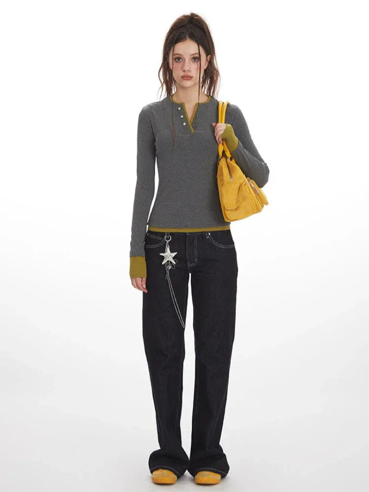 Y2K Grunge Faux Layered Henley Top - TEVQA