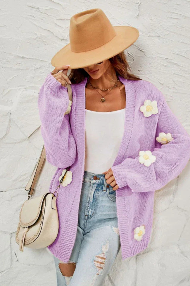 Camel 3D Floral Lantern Sleeve Cardigan - View 30 | TEVQA