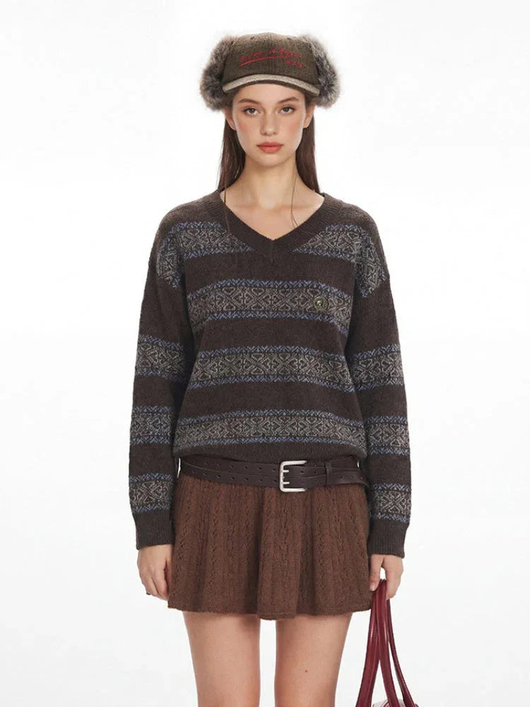 Vintage Academia V-Neck Striped Knit Sweater - TEVQA