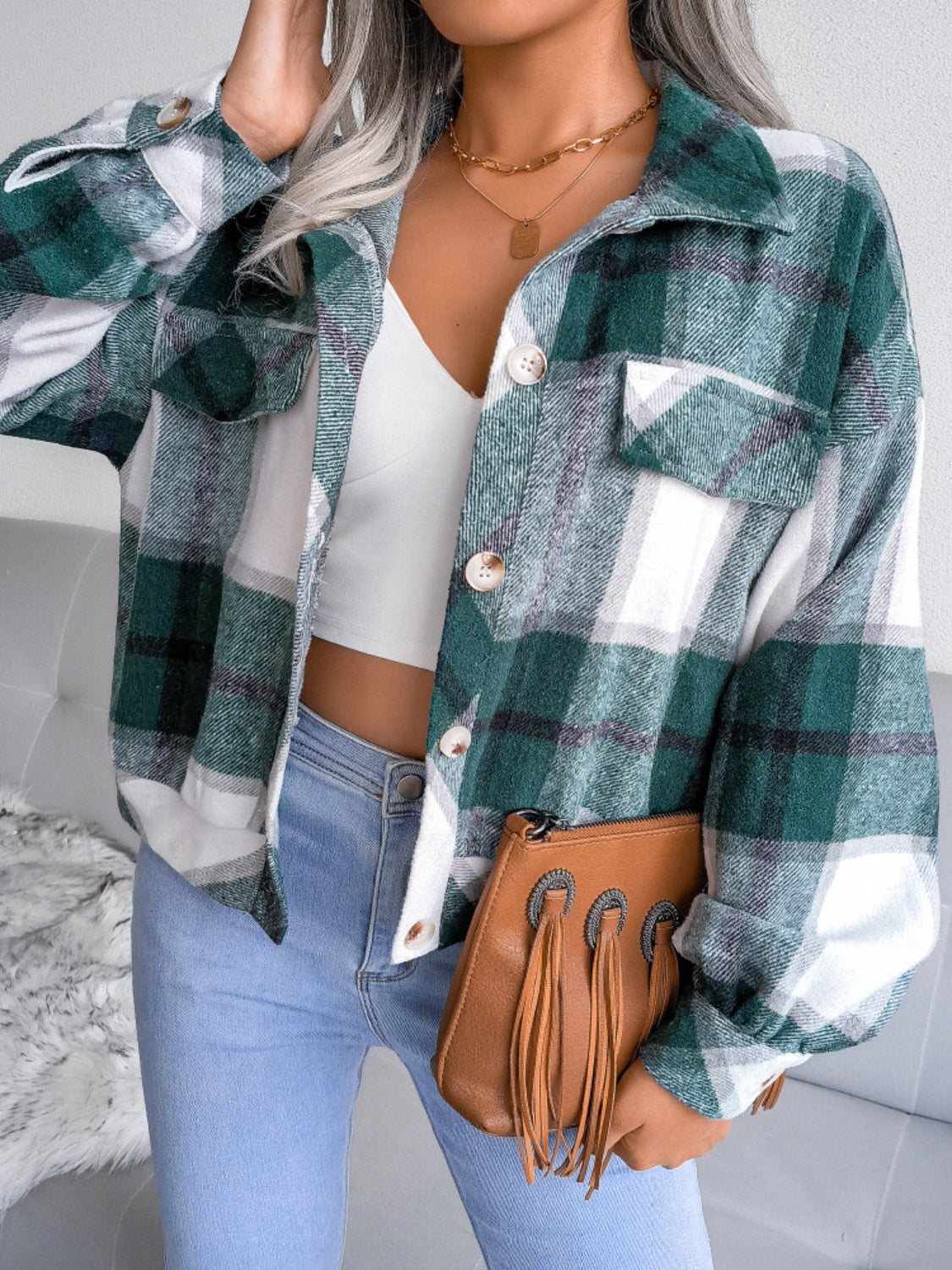 Plaid Wool Blend Lantern Sleeve Cropped Shacket