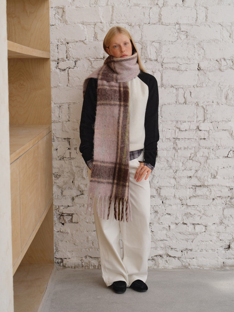 Oversized Wool Blend Plaid Scarf with Chunky Fringe