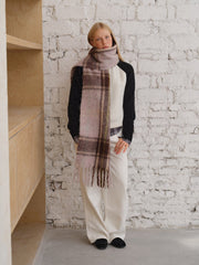 Oversized Wool Blend Plaid Scarf with Chunky Fringe