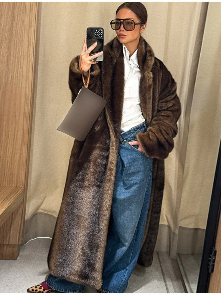 Vintage Dark Brown Faux Sable Maxi Coat - TEVQA