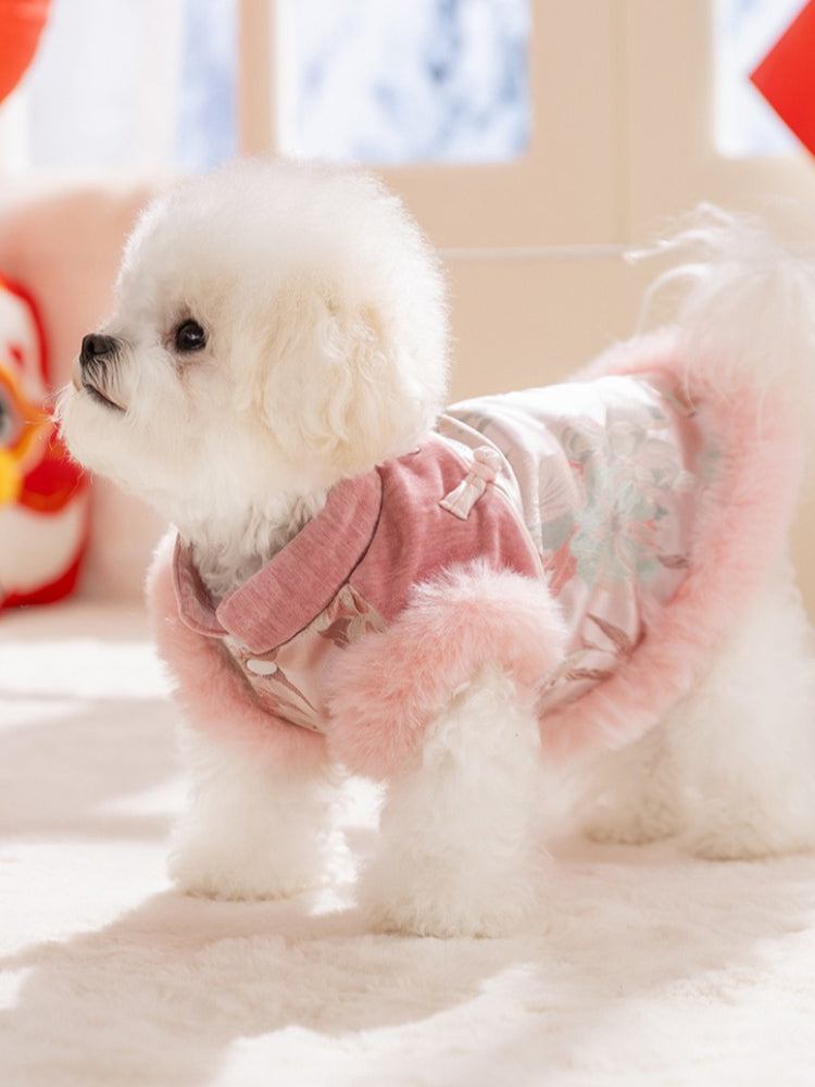 Red floral brocade dog vest with faux fur trim and button closure - View 6 | TEVQA