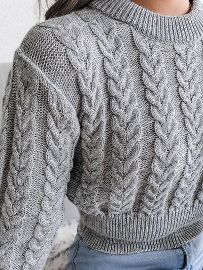 White Cable Knit Cinched Waist Crop Sweater