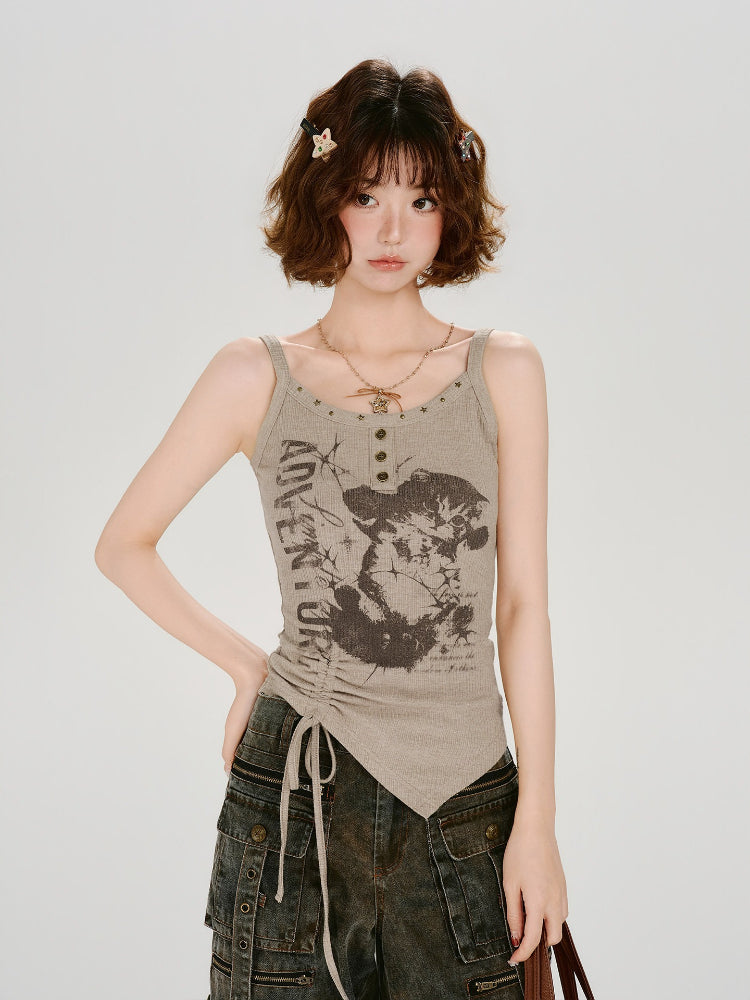 Vintage Graphic Ribbed Tank with Side Drawstring - Khaki
