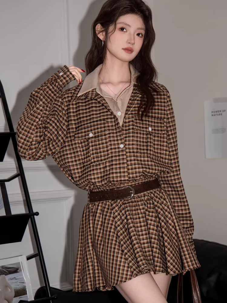 Vintage Plaid Button Down Shirt Dress with Pockets Brown