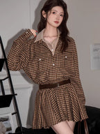 Vintage Plaid Button Down Shirt Dress with Pockets Brown