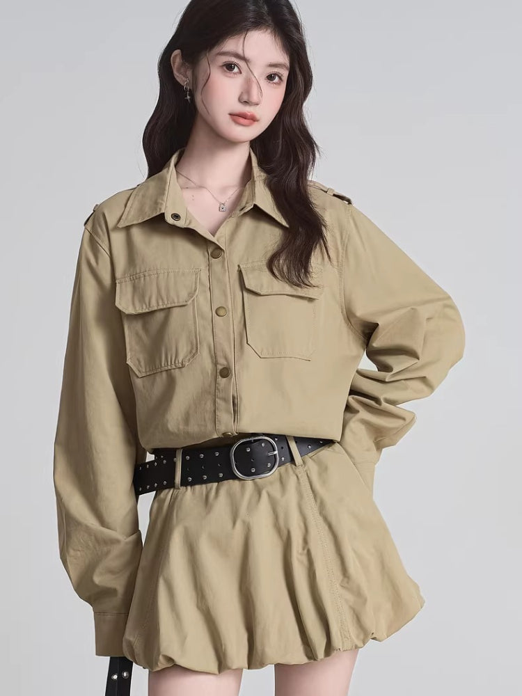 Khaki utility cargo shirt and bubble skirt set - View 6 | TEVQA