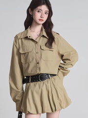 Khaki Utility Cargo Shirt & Bubble Skirt Set