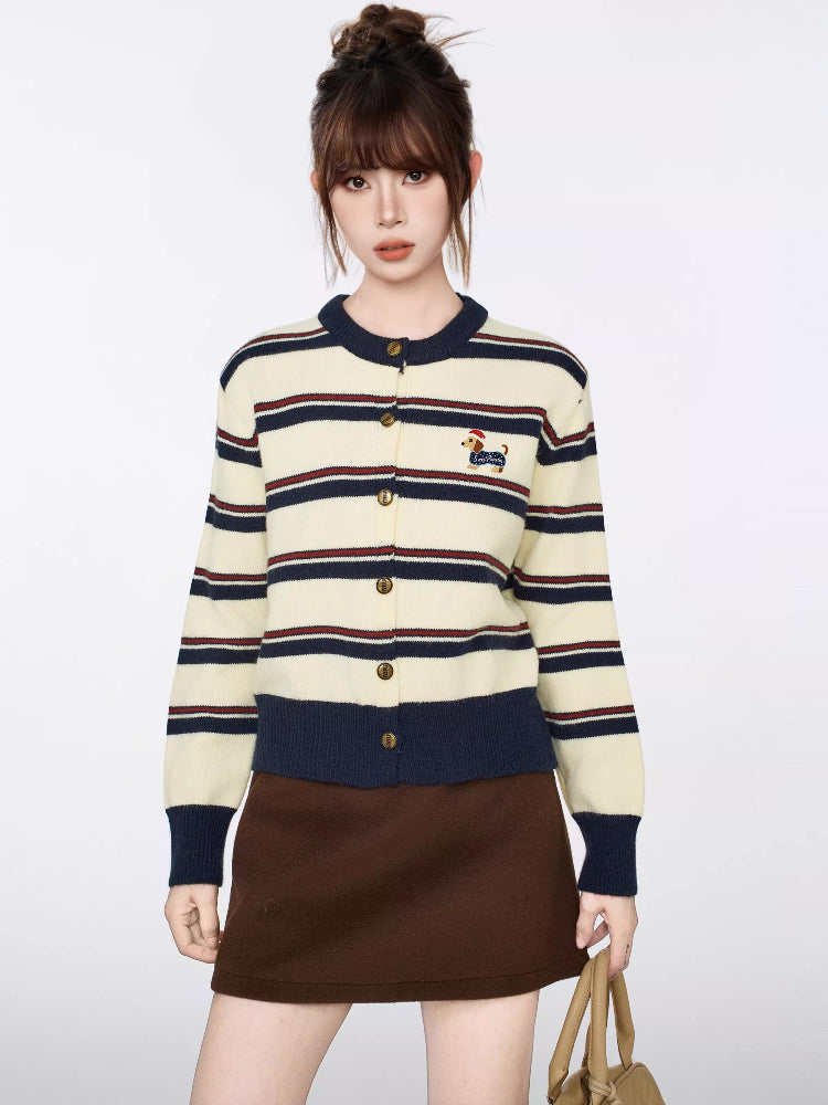 Beige Striped Knit Cardigan Dachshund Embroidery Top