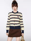 Beige Striped Knit Cardigan Dachshund Embroidery Top