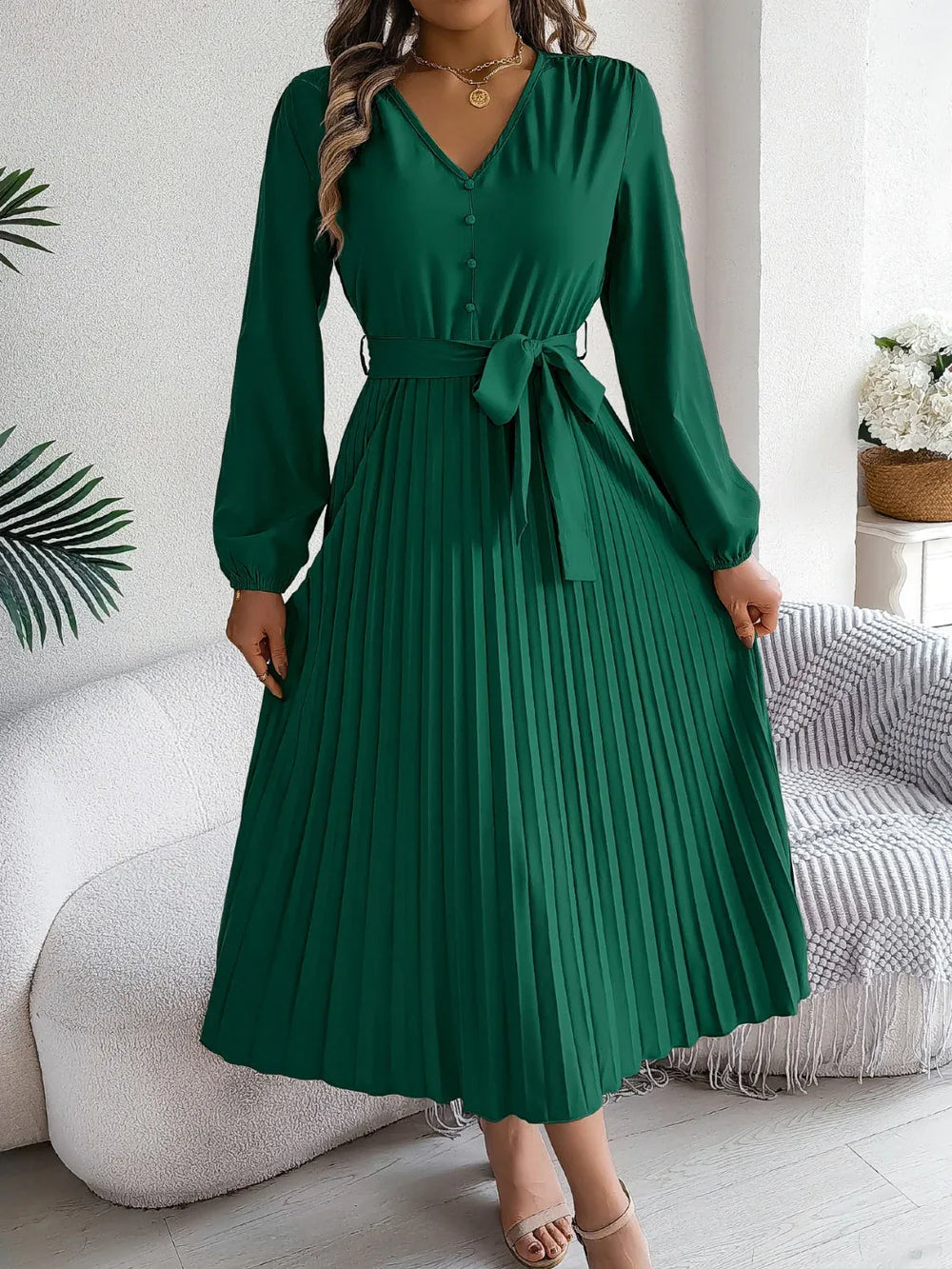 Vintage Khaki V-Neck Pleated Maxi Dress - TEVQA