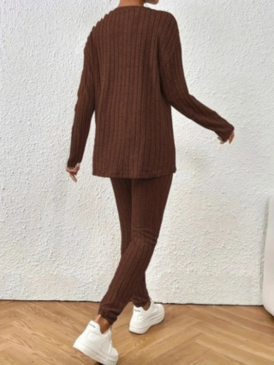 Back view of a woman wearing a brown ribbed knit loungewear set.