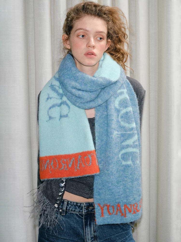 Reversible Letter Knit Scarf Wool Blend Blue
