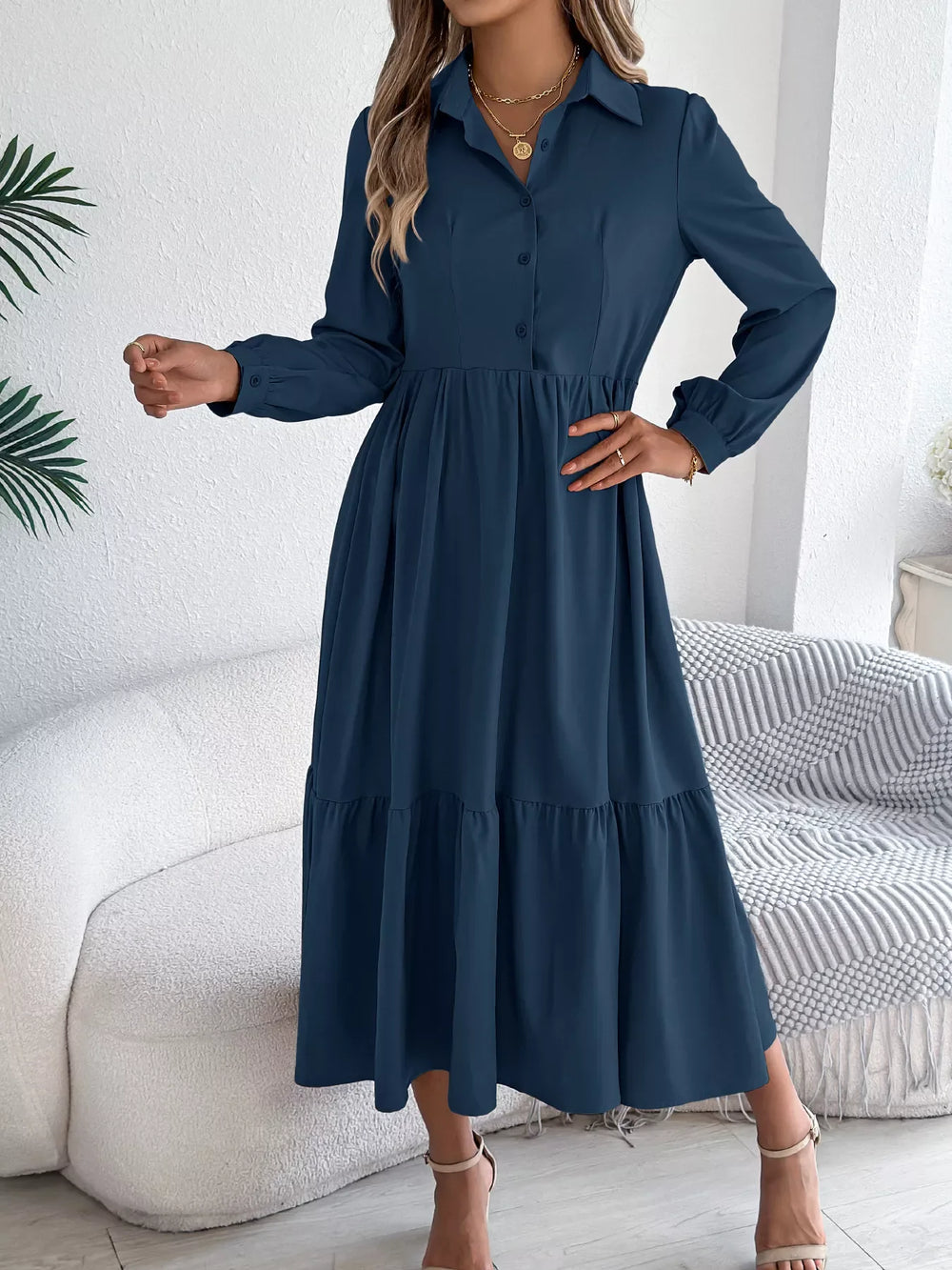 Navy Blue Ruffled Tiered Shirt Dress - View 7 | TEVQA