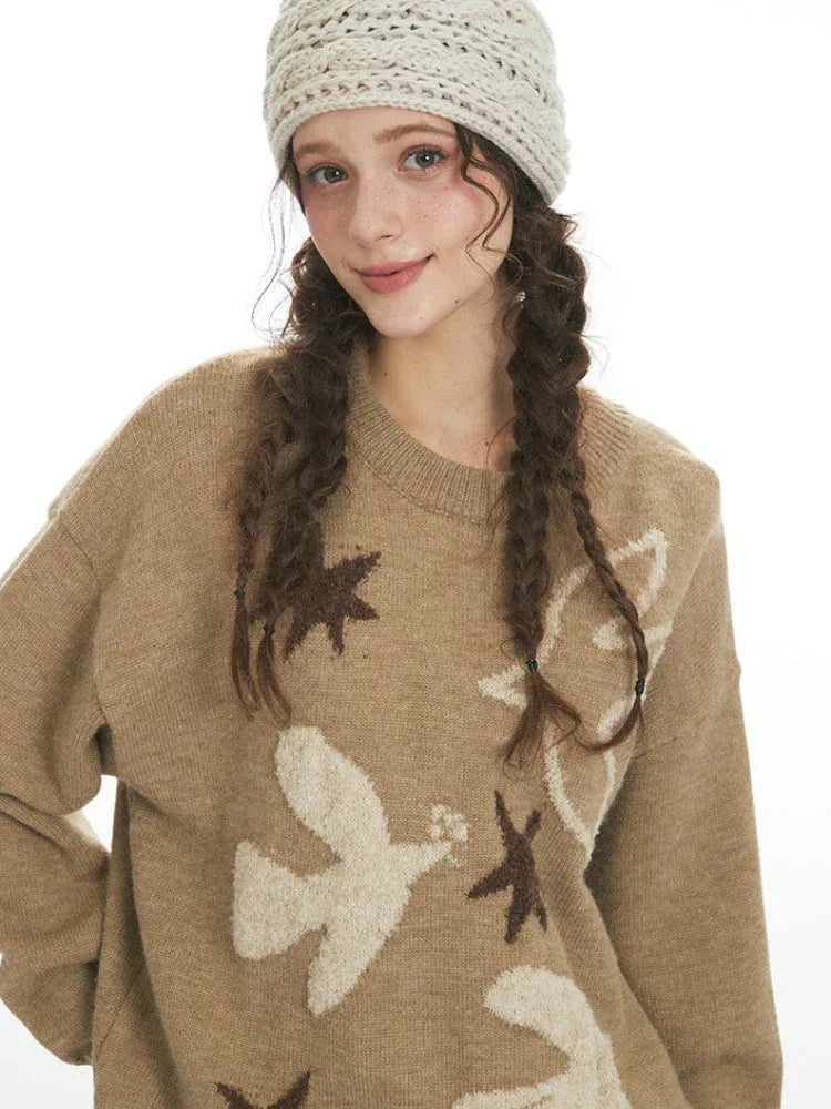 Retro Peace Dove & Star Oversized Knit Sweater - TEVQA
