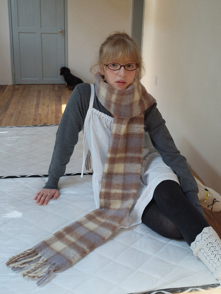 Extra Long Wool Blend Plaid Scarf with Fringe