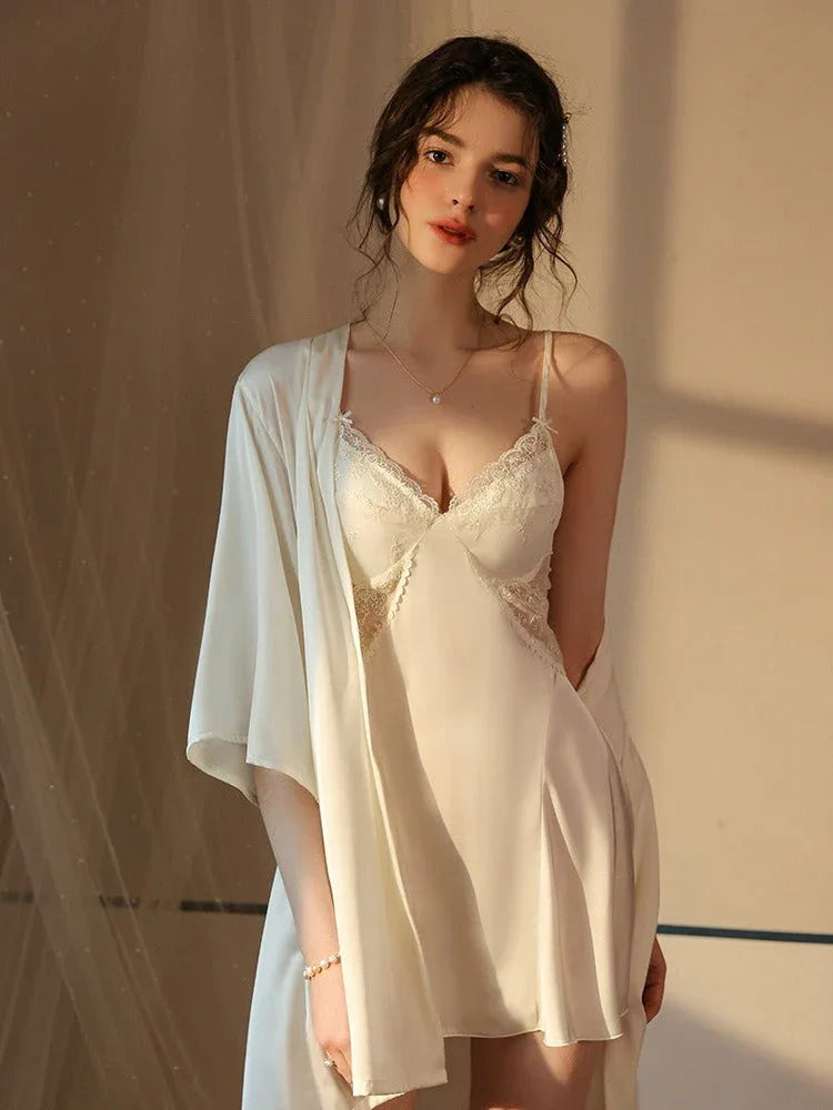 French Princess | Dot Mesh & Lace Satin Robe Set - TEVQA Main image