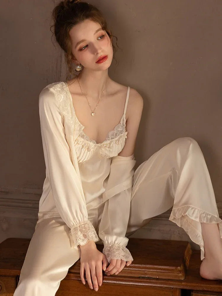 Lace Trim Satin 3-Piece Pajama Set - TEVQA