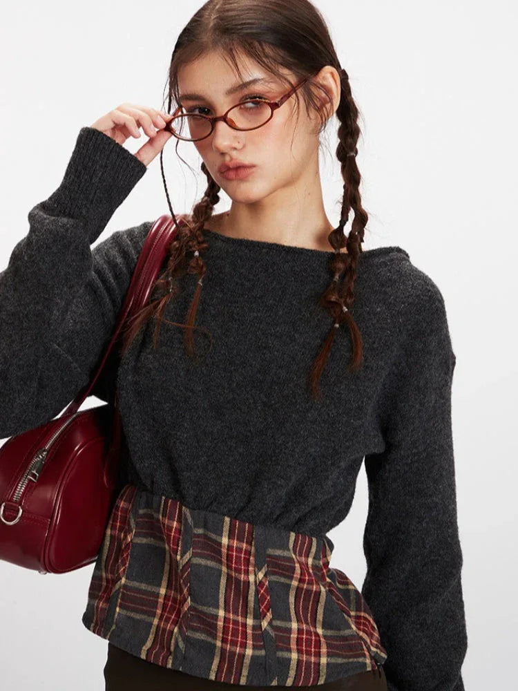 Vintage Plaid Spliced Knit Sweater - TEVQA