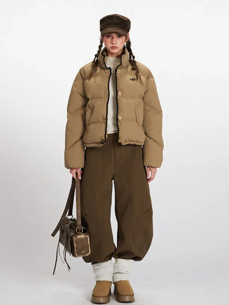 Textured Stand Collar Cropped Puffer Jacket - TEVQA Main image