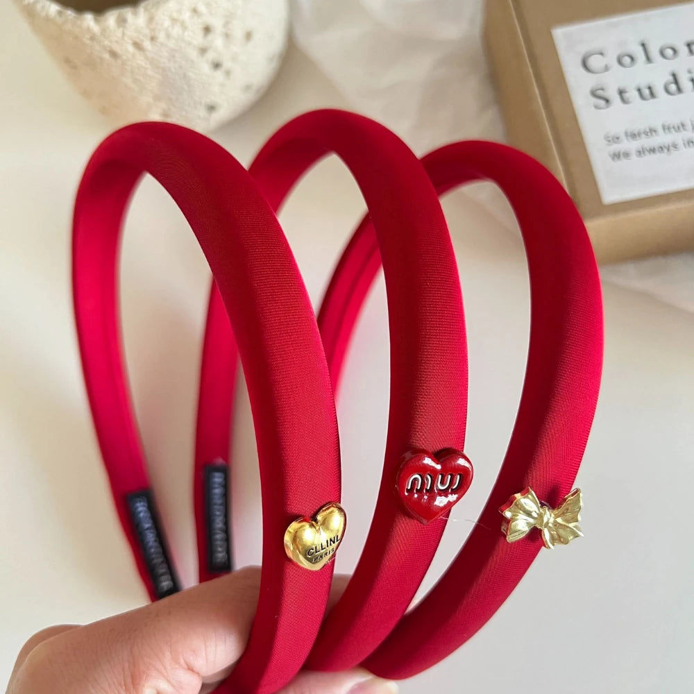 Slim Red Satin Headband with Charm Accent