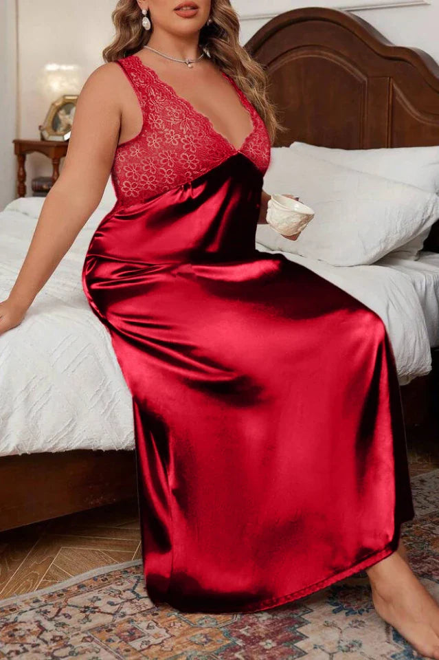 Plus Size Satin Nightgown with Floral Lace Bodice, V-Neck Maxi Sleep Dress - Red