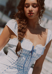 A-line mini dress with puff sleeves and lace trim - View 6 | TEVQA