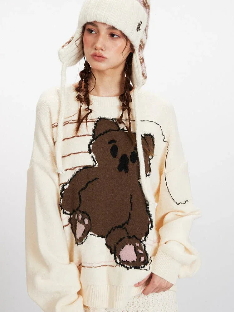 Vintage Cream Sketchy Bear Knit Sweater - TEVQA