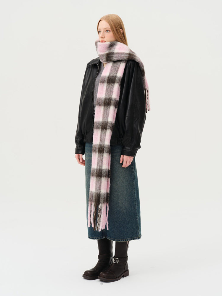 Wool Blend Pink & Brown Plaid Scarf