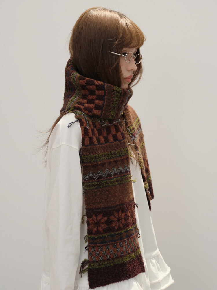 Vintage Fair Isle Jacquard Knit Scarf Wool Blend Raw Edge - Brown Pattern
