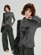 Collage showing a woman in a grey long-sleeve graphic print turtleneck top and another image of the full outfit including dark green cargo pants.