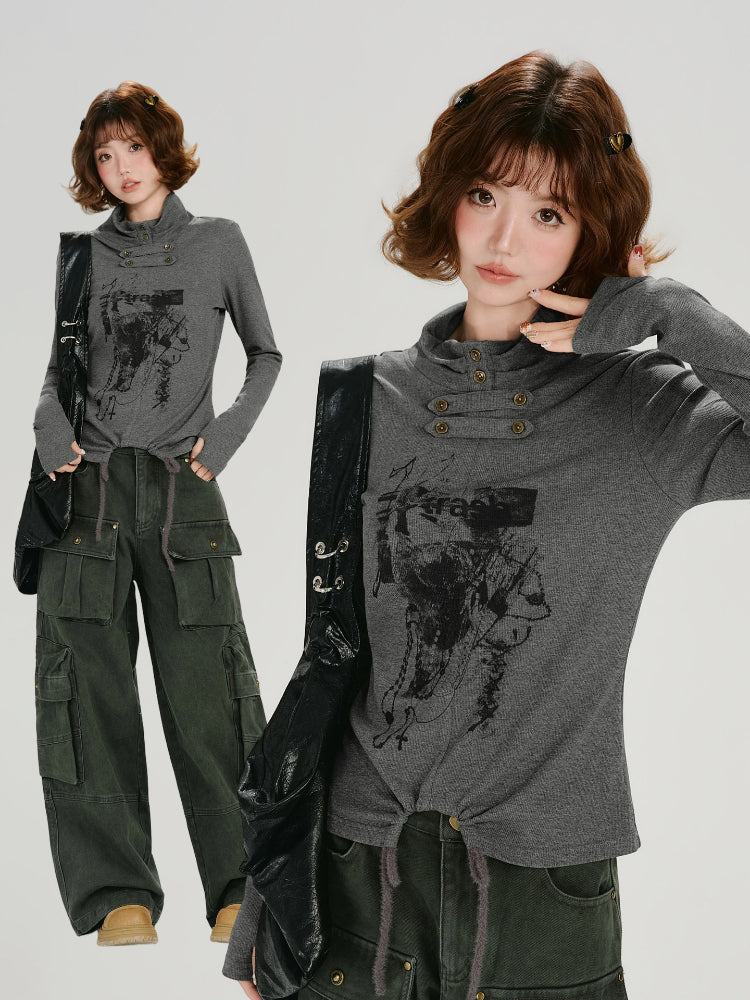 Collage showing a woman in a grey long-sleeve graphic print turtleneck top and another image of the full outfit including dark green cargo pants.