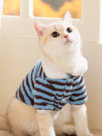 A cream-colored cat wearing a blue and brown striped fleece pet sweater with a white faux shearling collar, sitting indoors facing the camera.
