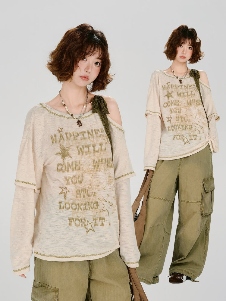 Vintage Graphic Cold Shoulder Layered Top - Beige