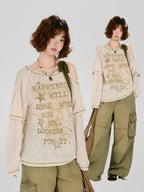 Vintage Graphic Cold Shoulder Layered Top - Beige