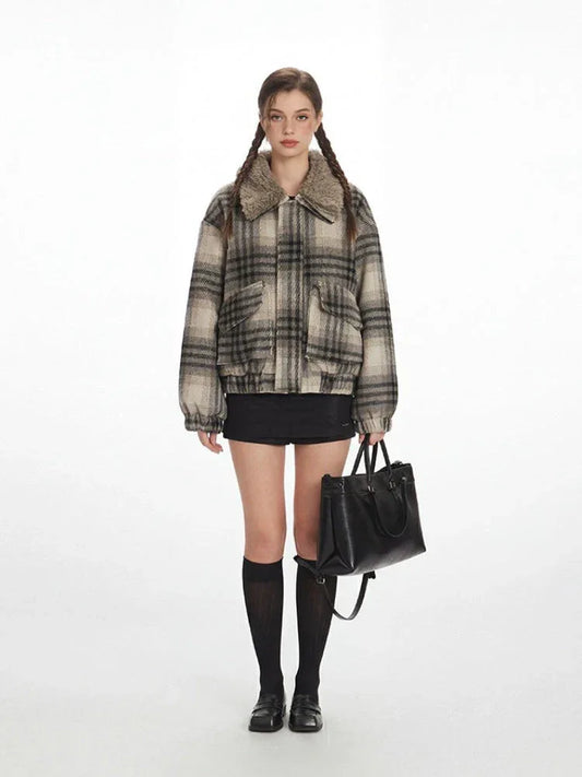 Vintage Plaid Faux Shearling Bomber Jacket - TEVQA