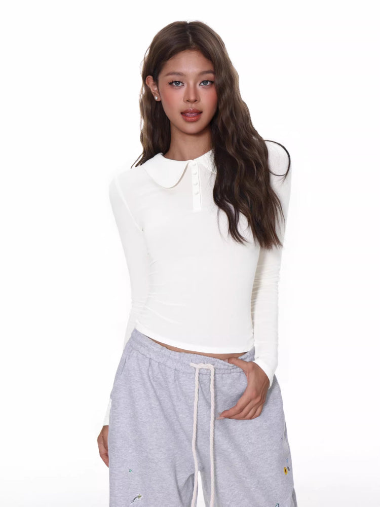 White Peter Pan Collar Button Slim Long Sleeve Top